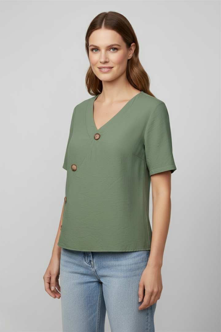 Women’s Blouse with V-Neck and Button Detail