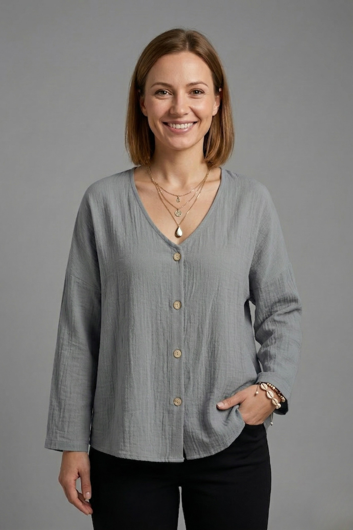 Women’s Blouse with V-Neck and Button Fastening