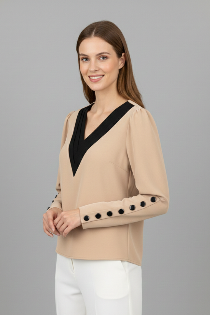 Women’s Blouse with V-Neck and Buttoned Cuffs