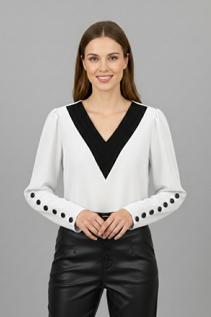 Women’s Blouse with V-Neck and Buttoned Cuffs
