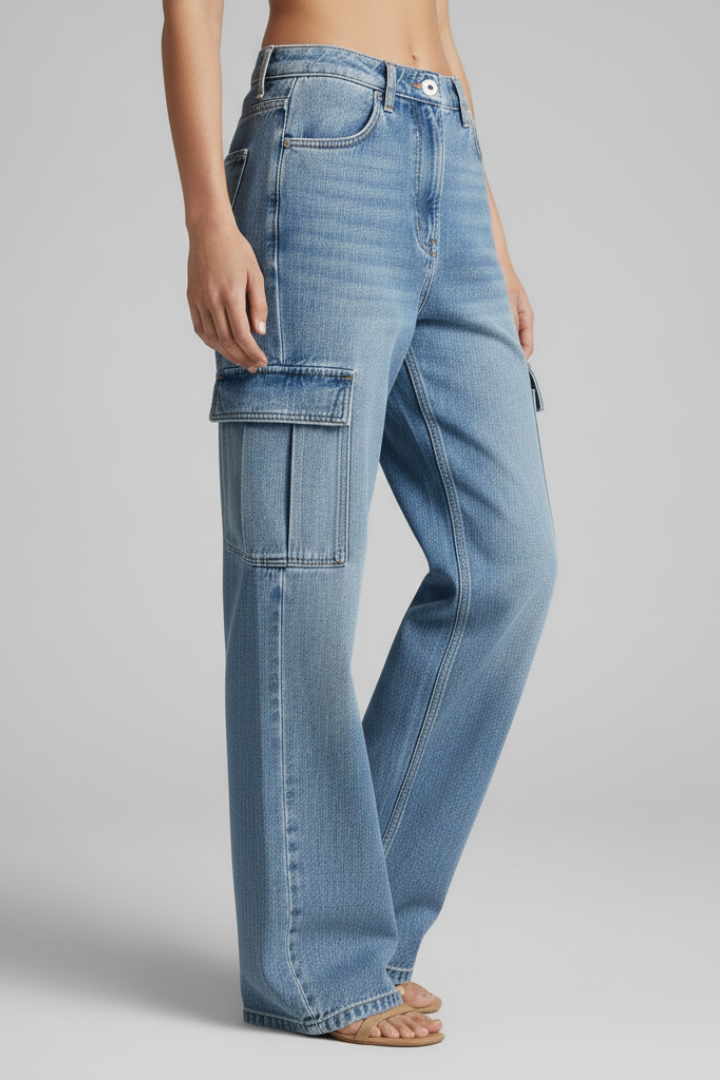 Women’s Cargo Jeans with Front Closure and Flap Pockets