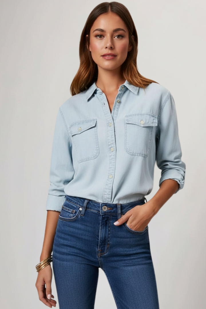 Women’s Denim Shirt with Button Front and Long Sleeves