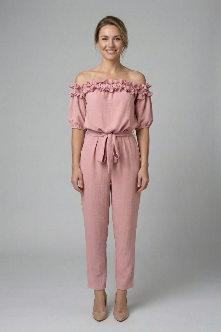 Women’s Jumpsuit with Off-Shoulder Neckline and Waist Tie