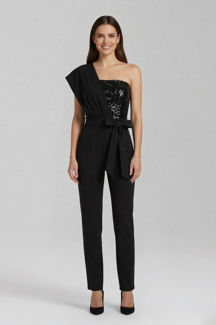 Women’s Jumpsuit with One-Shoulder Neckline and Tied Waist