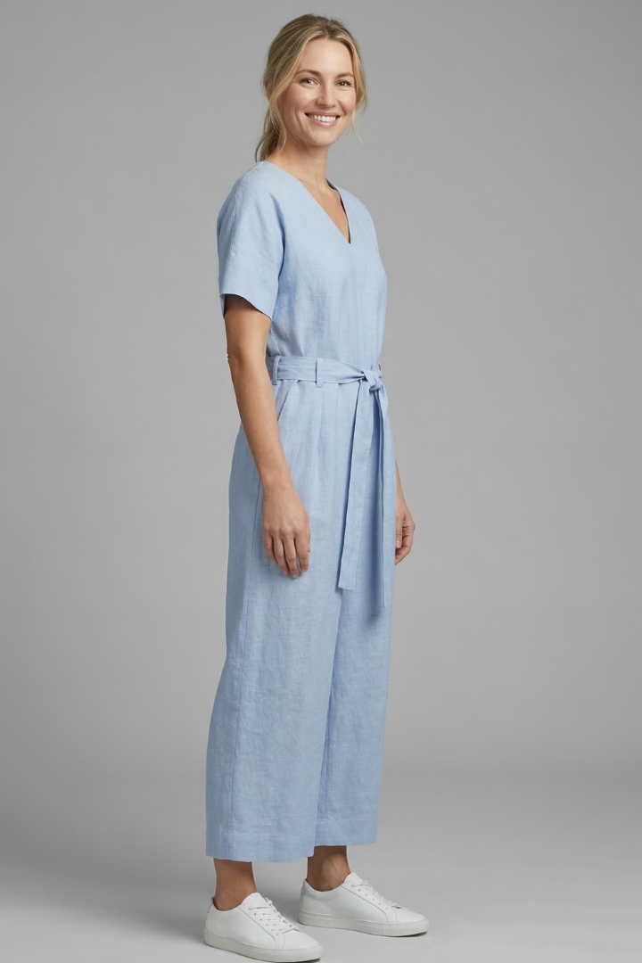 Women’s Jumpsuit with V Neckline and Waist Tie