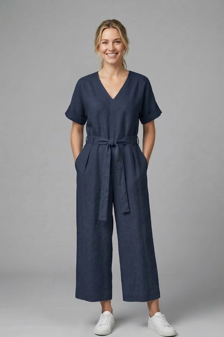Women’s Jumpsuit with V Neckline and Waist Tie