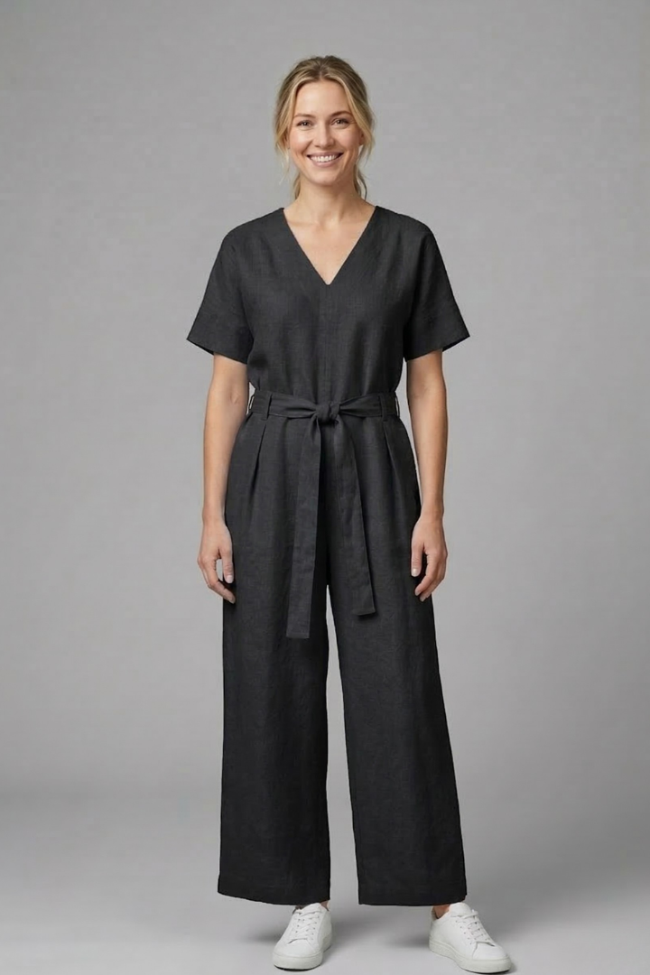 Women’s Jumpsuit with V Neckline and Waist Tie