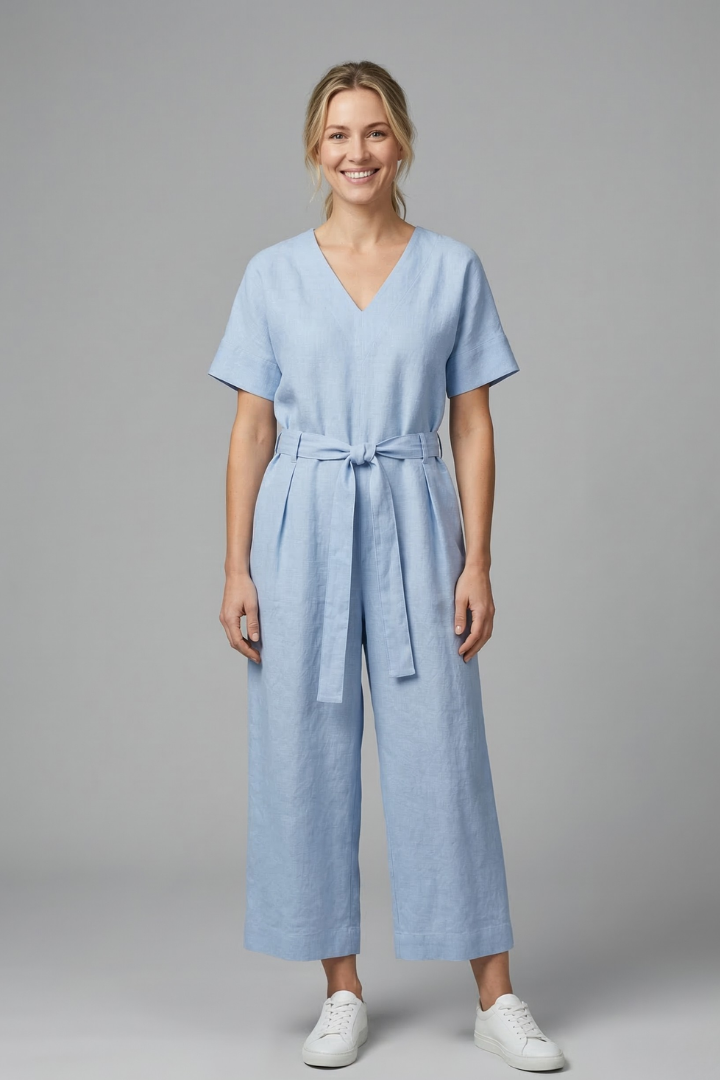 Women’s Jumpsuit with V Neckline and Waist Tie