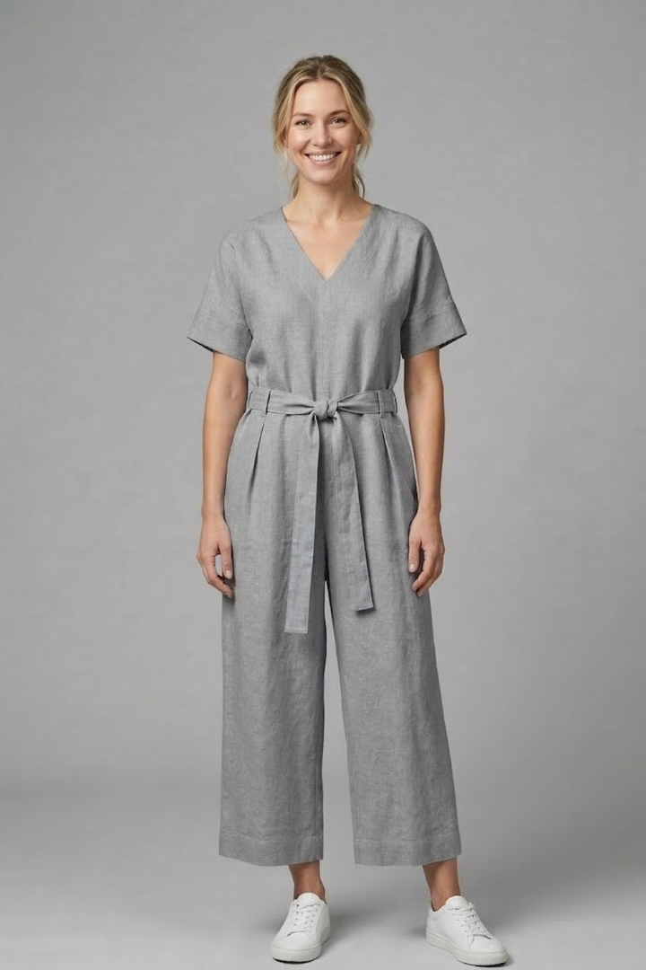 Women’s Jumpsuit with V Neckline and Waist Tie