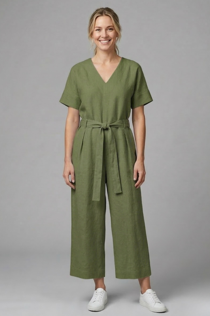 Women’s Jumpsuit with V Neckline and Waist Tie