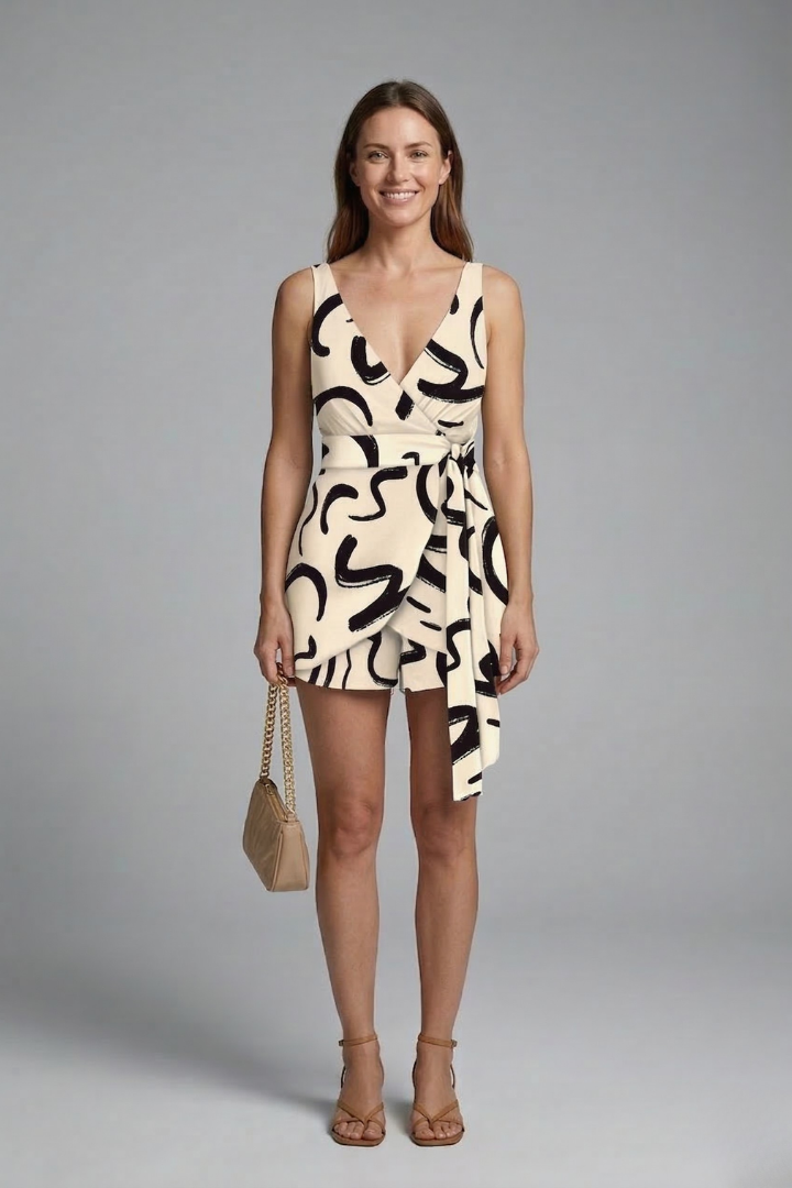 Women’s Jumpsuit with Wrap Neckline and Printed Finish