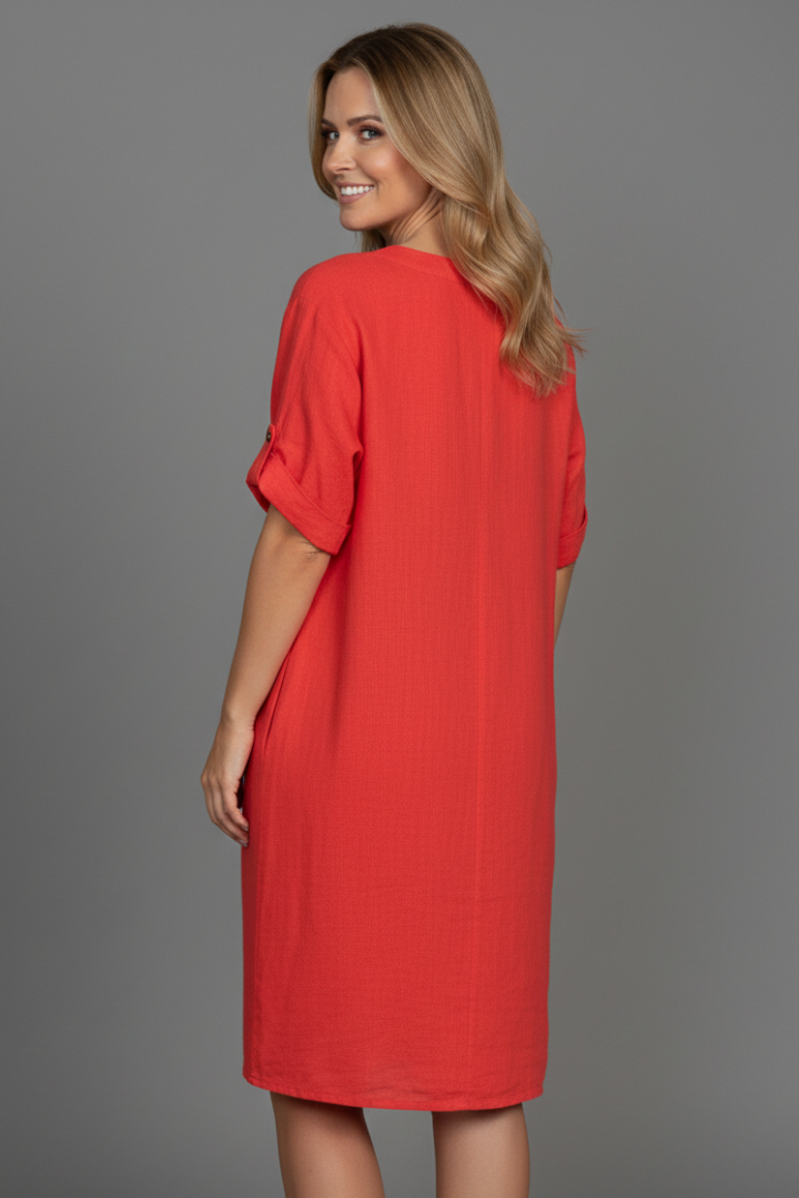 Women’s Knee-Length Dress with Short Sleeves and Button Front