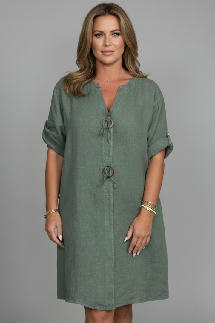Women’s Knee-Length Dress with Short Sleeves and Button Front