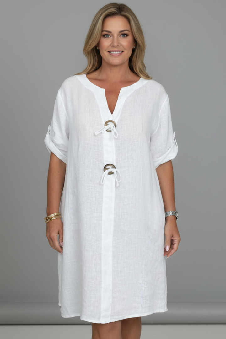 Women’s Knee-Length Dress with Short Sleeves and Button Front