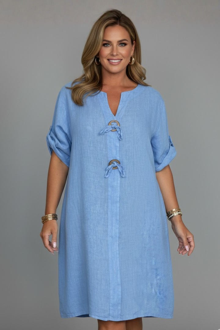Women’s Knee-Length Dress with Short Sleeves and Button Front