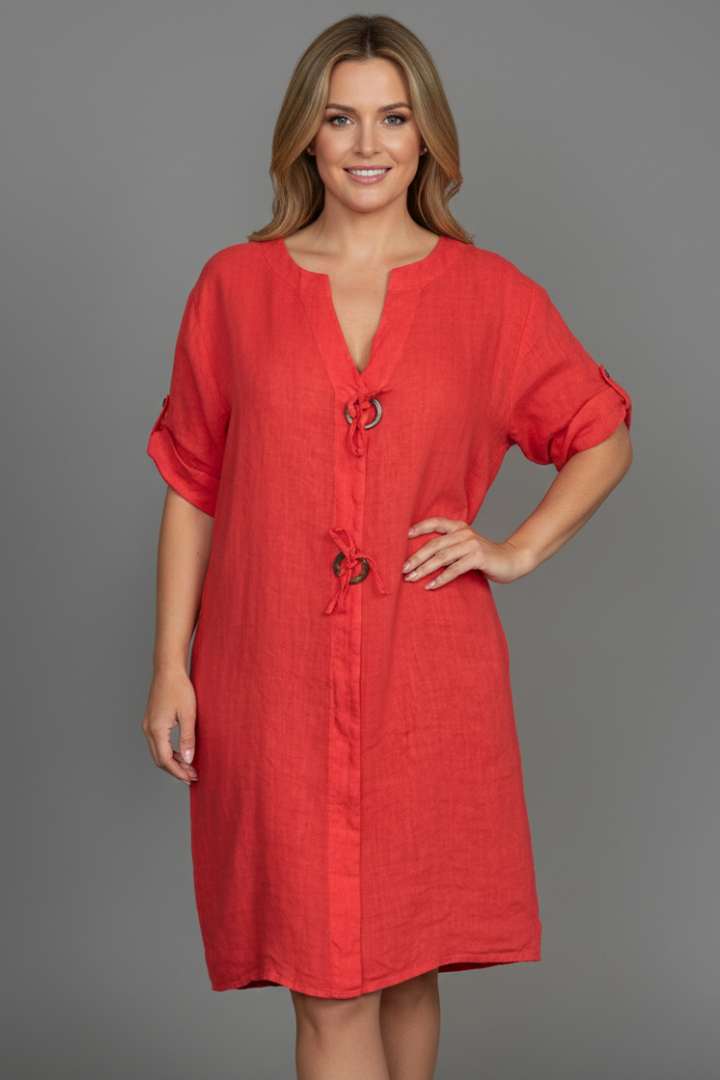 Women’s Knee-Length Dress with Short Sleeves and Button Front