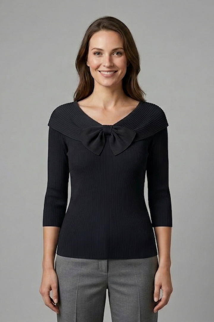 Women’s Knitted Top with Bow Detail and Long Sleeves