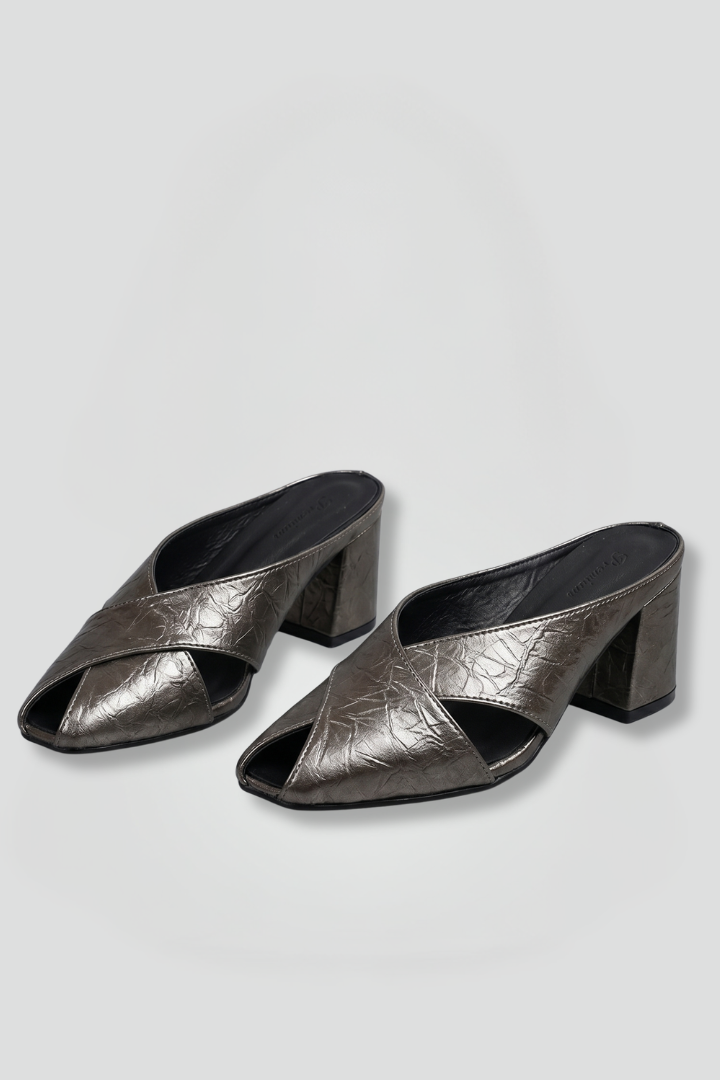 Women's Leather Mule Shoes with Square Toe and Cross Strap