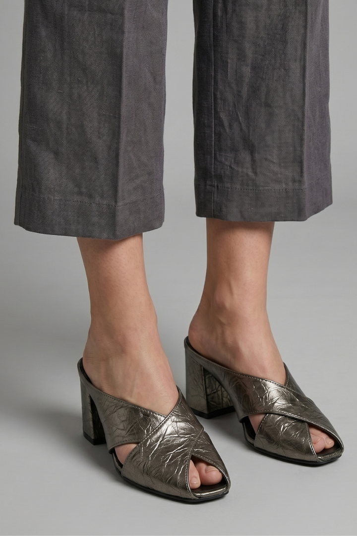 Women's Leather Mule Shoes with Square Toe and Cross Strap