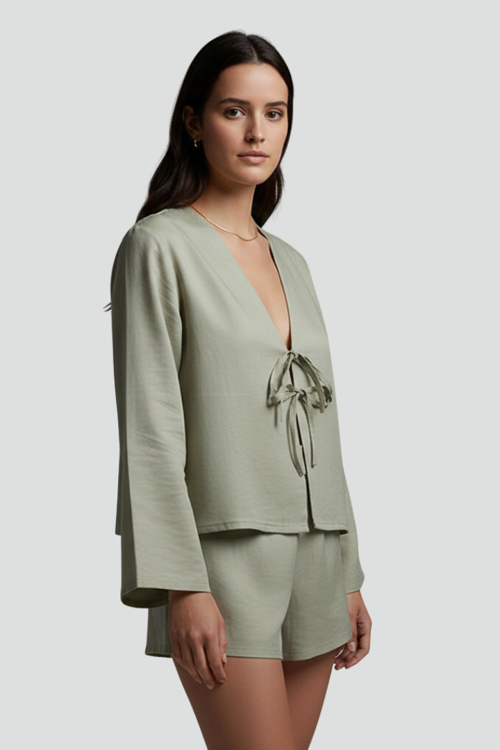 Women’s Long-Sleeve Blouse with V-Neck and Front Tie