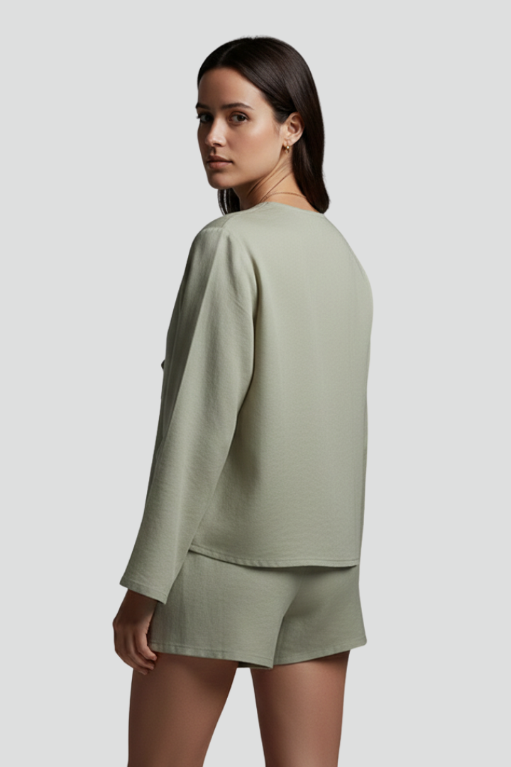 Women’s Long-Sleeve Blouse with V-Neck and Front Tie