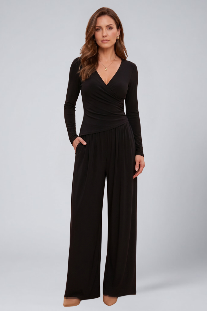Women's Lounge Set with Wrap Top and Wide-Leg Pants