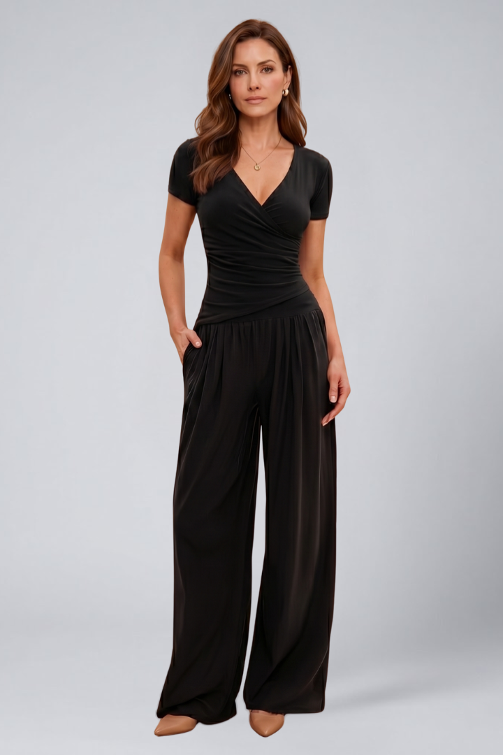 Women's Lounge Set with Wrap Top and Wide-Leg Pants