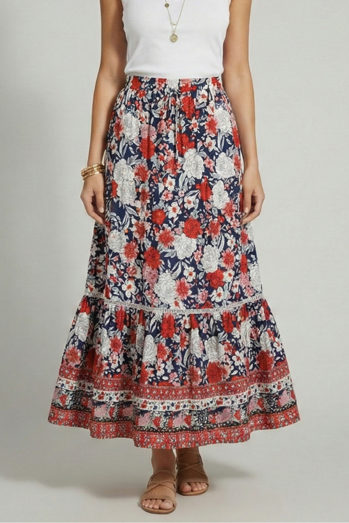 Women’s Midi Skirt with Elastic Waist and Printed Border