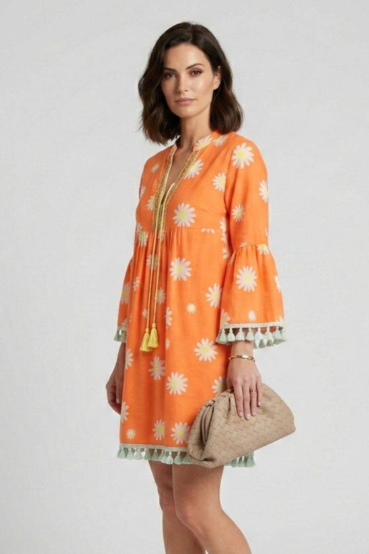 Women’s Mini Dress with V-Neck and Tassel Hem