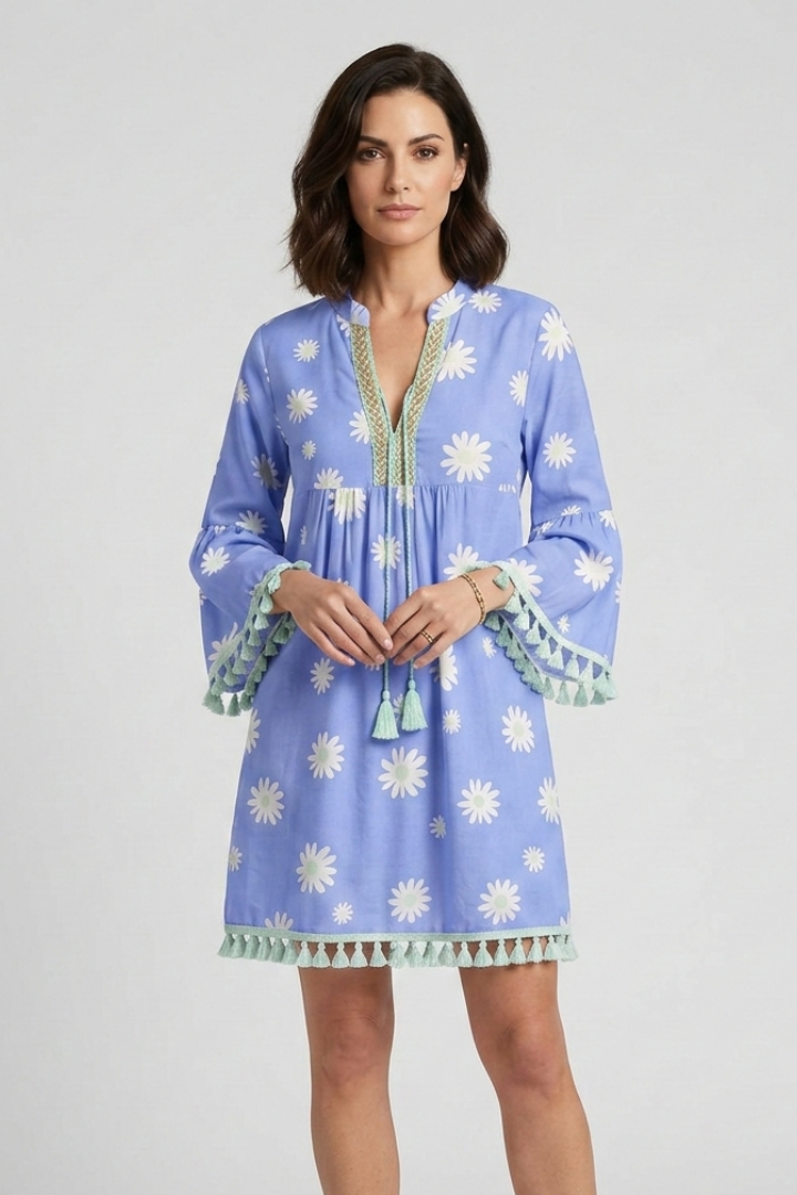 Women’s Mini Dress with V-Neck and Tassel Hem