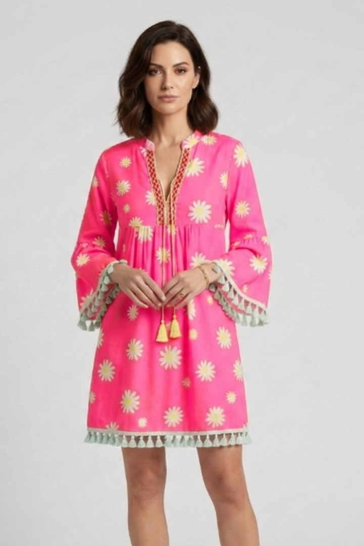 Women’s Mini Dress with V-Neck and Tassel Hem
