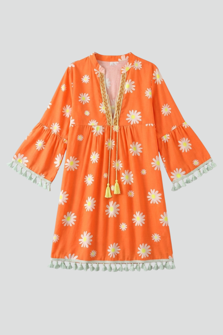 Women’s Mini Dress with V-Neck and Tassel Hem