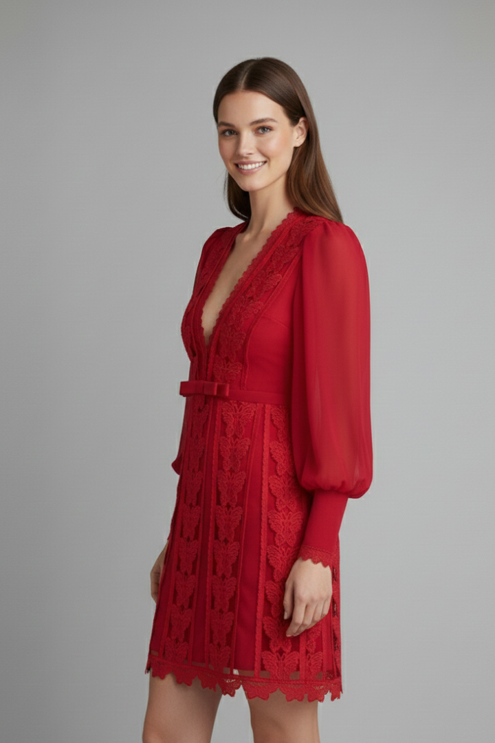 Women’s Mini Dress with V Neckline and Long Sleeves