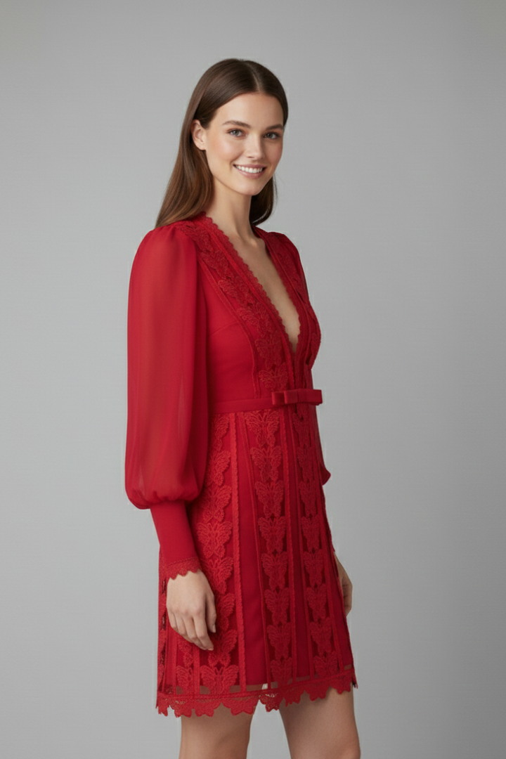Women’s Mini Dress with V Neckline and Long Sleeves