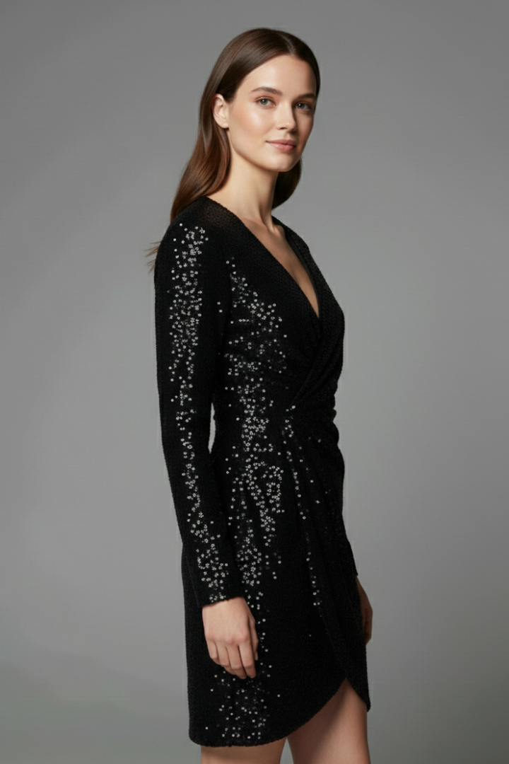 Women’s Mini Dress with V Neckline and Sequin Surface
