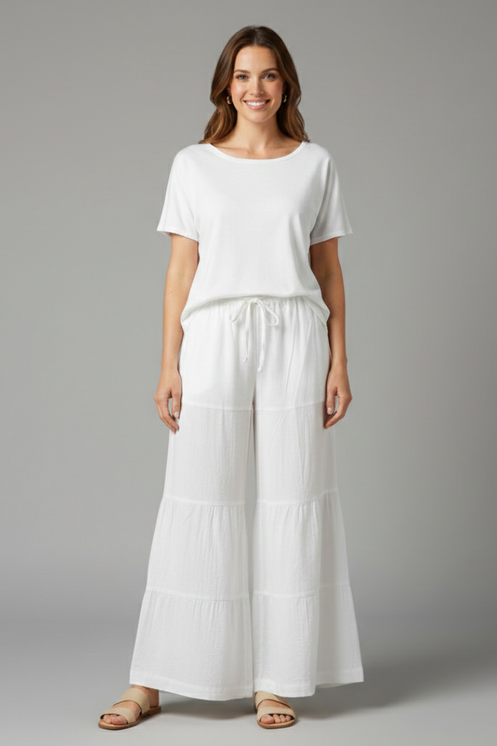 Women’s Palazzo Trousers with Elastic Waist and Tiered Hem