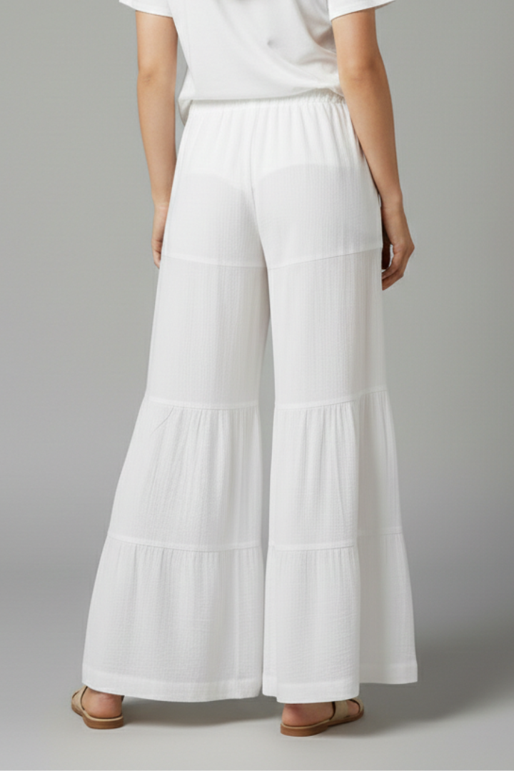 Women’s Palazzo Trousers with Elastic Waist and Tiered Hem