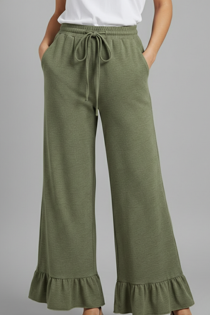 Women’s Palazzo Trousers with Ruffle Hem and Drawstring Waist