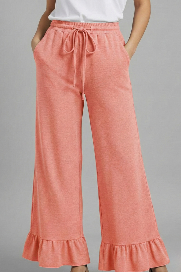 Women’s Palazzo Trousers with Ruffle Hem and Drawstring Waist