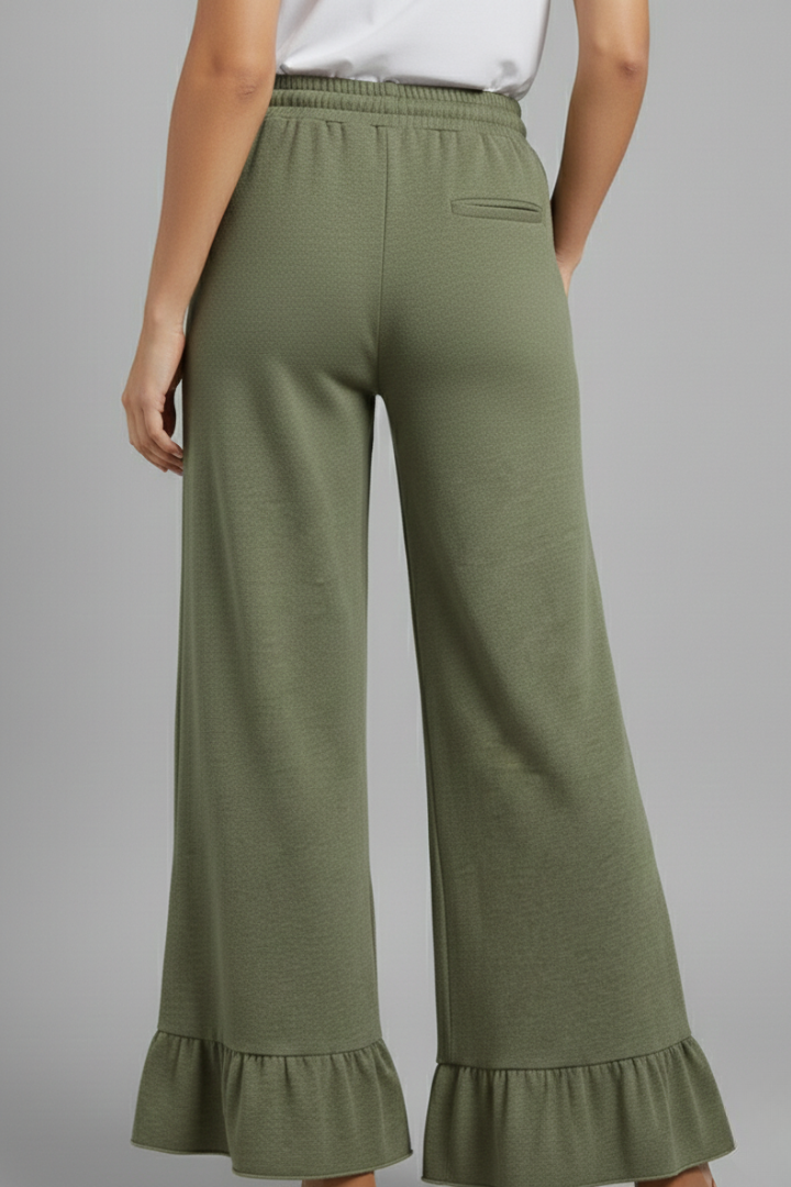 Women’s Palazzo Trousers with Ruffle Hem and Drawstring Waist