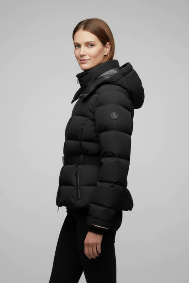 Women’s Puffer Jacket with Belted Waist and Stand-Up Collar