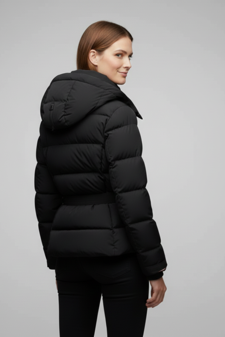 Women’s Puffer Jacket with Belted Waist and Stand-Up Collar