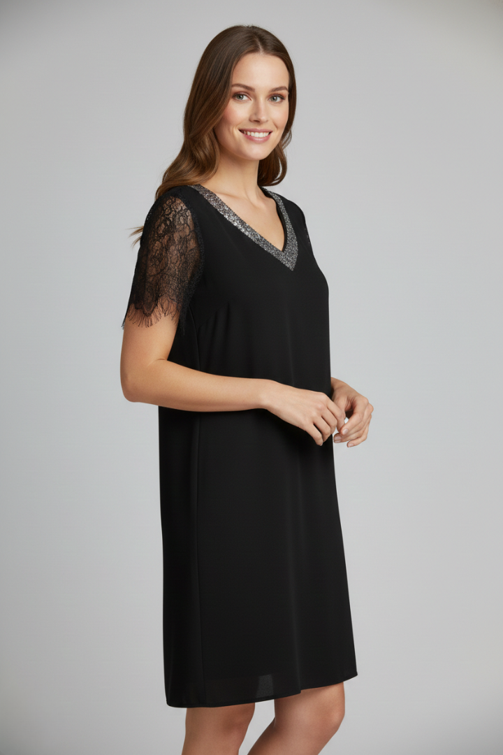 Women’s Short Dress with V Neckline and Lace Sleeves