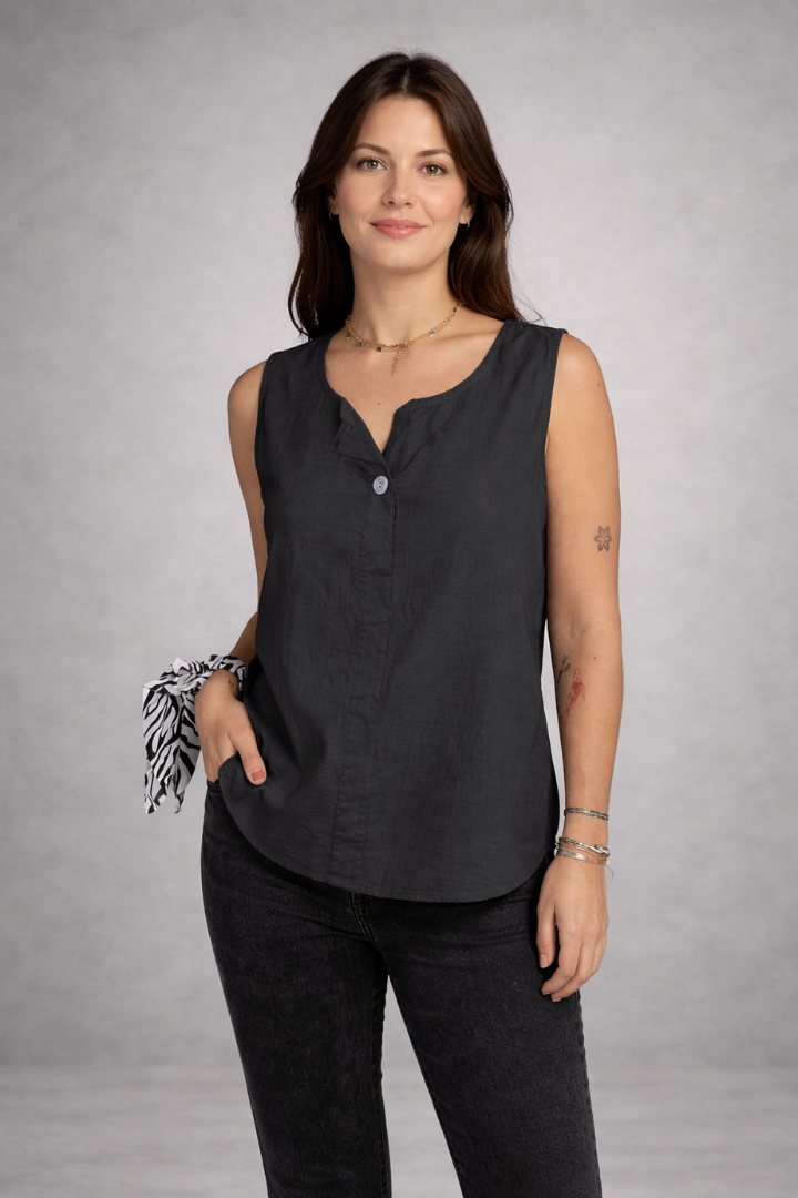 Women’s Sleeveless Blouse with Round Neck and Button Detail