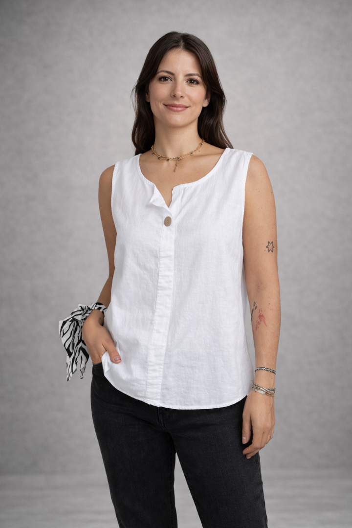 Women’s Sleeveless Blouse with Round Neck and Button Detail