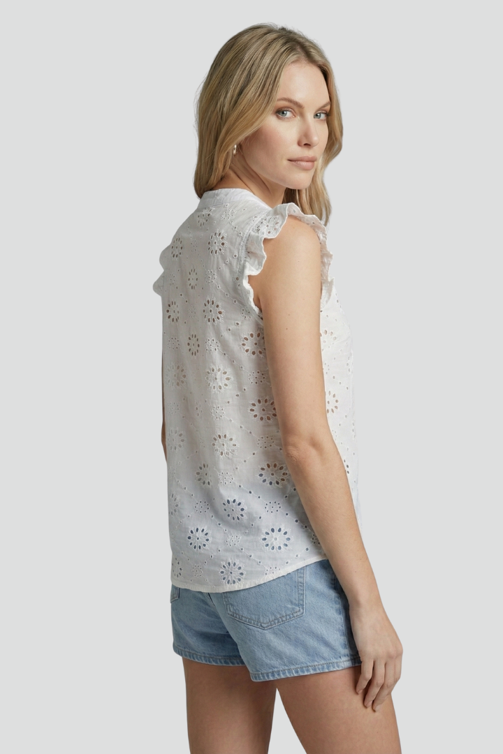 Women’s Sleeveless Blouse with Ruffle Shoulders and Button Front