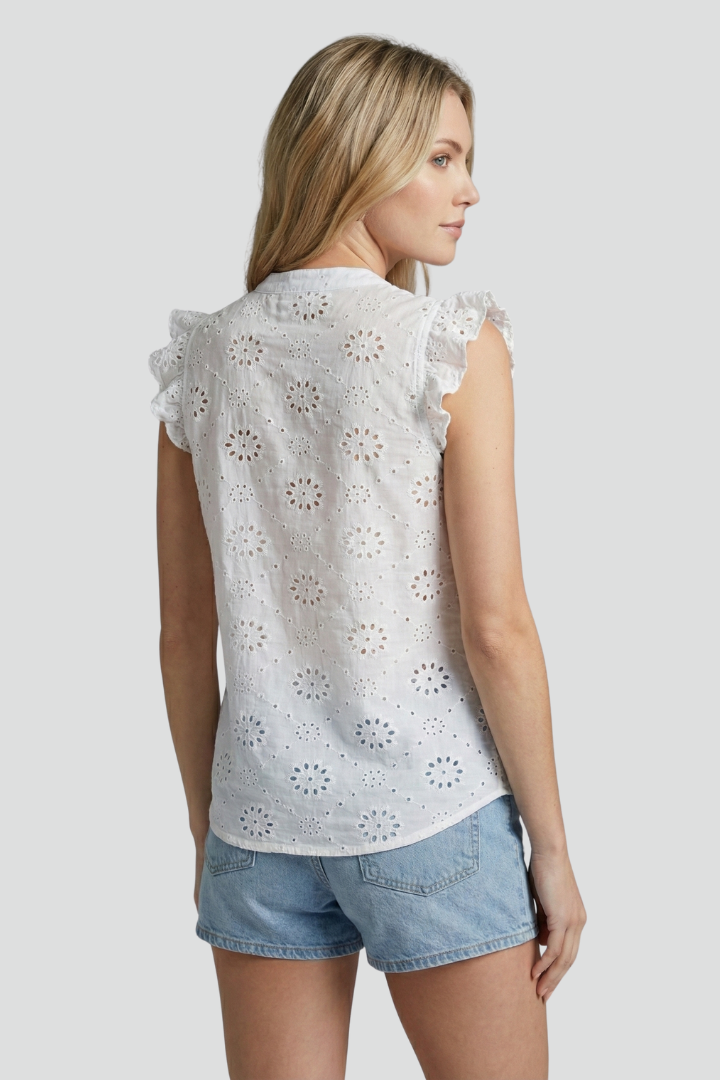 Women’s Sleeveless Blouse with Ruffle Shoulders and Button Front