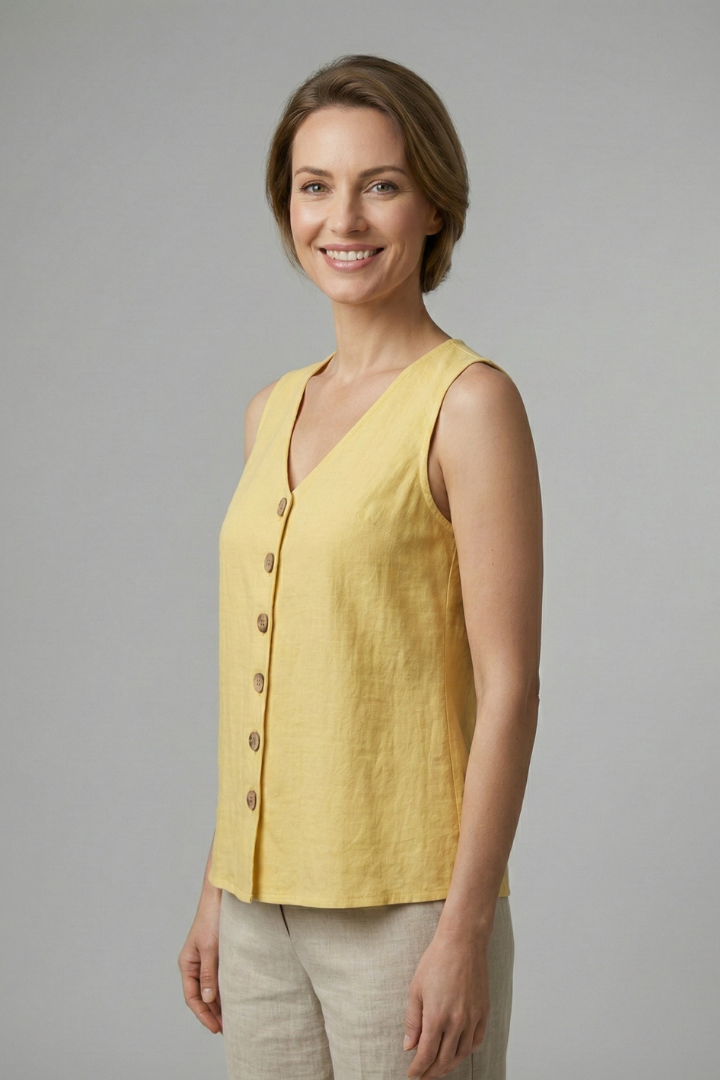 Women’s Sleeveless Blouse with V-Neck and Button Front