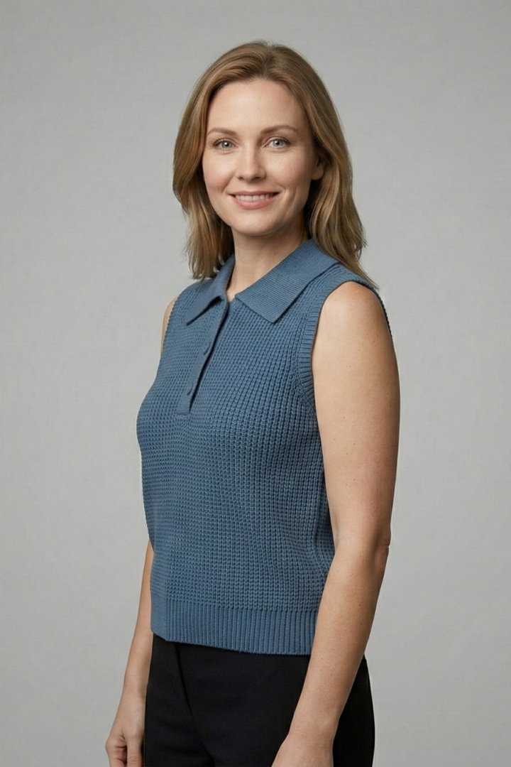 Women’s Sleeveless Polo Top with Button Placket and Textured Surface