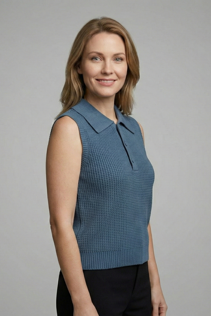 Women’s Sleeveless Polo Top with Button Placket and Textured Surface